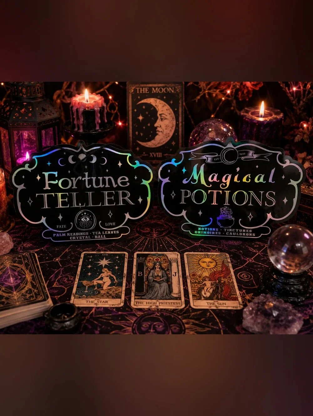 Fortune Teller Magical Potions Holographic Party Signs - Black